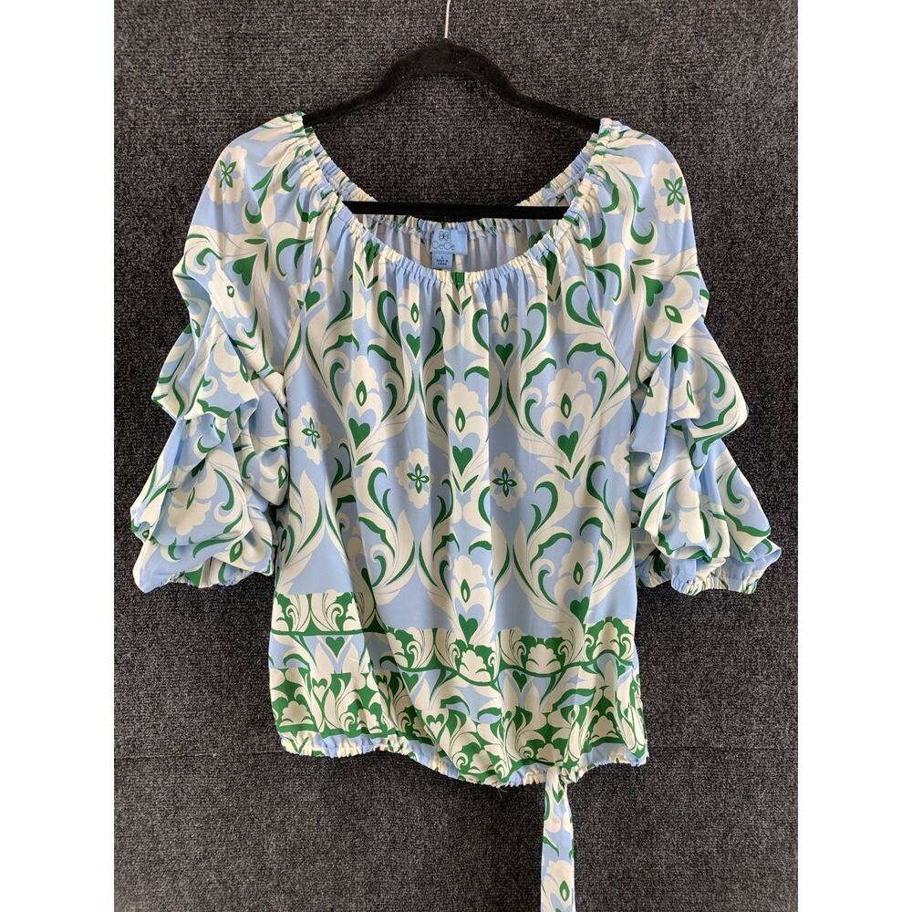CeCe Ruffle Sleeve Blouse L Damask Blue Green Off Shoulder Smocked Waist Top New - Picture 2 of 10